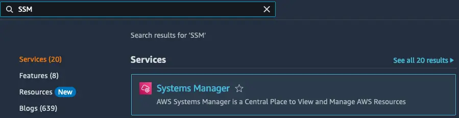 AWS Console's search with "SSM"