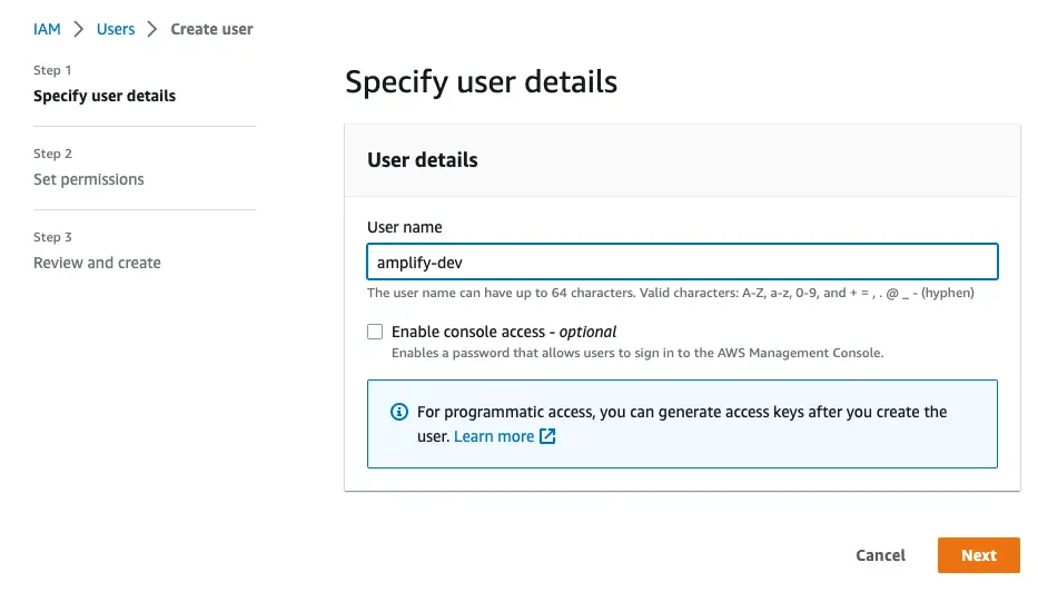 First step of creating an IAM user. Specifying user details.
