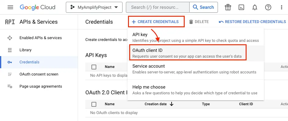 The Create credentials button is circled, then the oauth client ID button is circled in the credentials section.