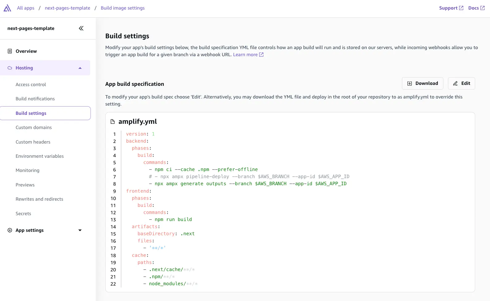 Screenshot of Build image settings section in AWS Amplify Gen 2 console, with details about the app build specification