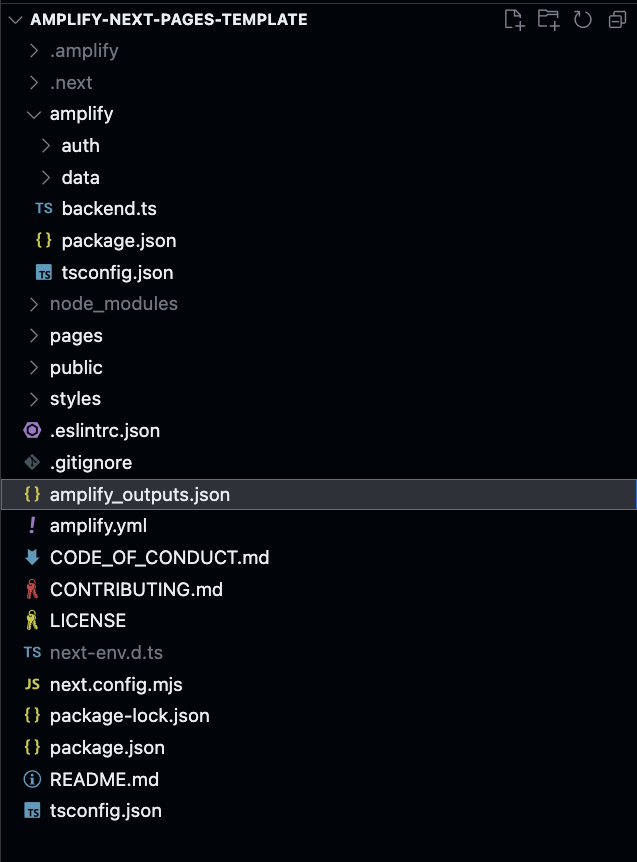 Screenshot of project folder contents with amplify_outputs.json file highlighted