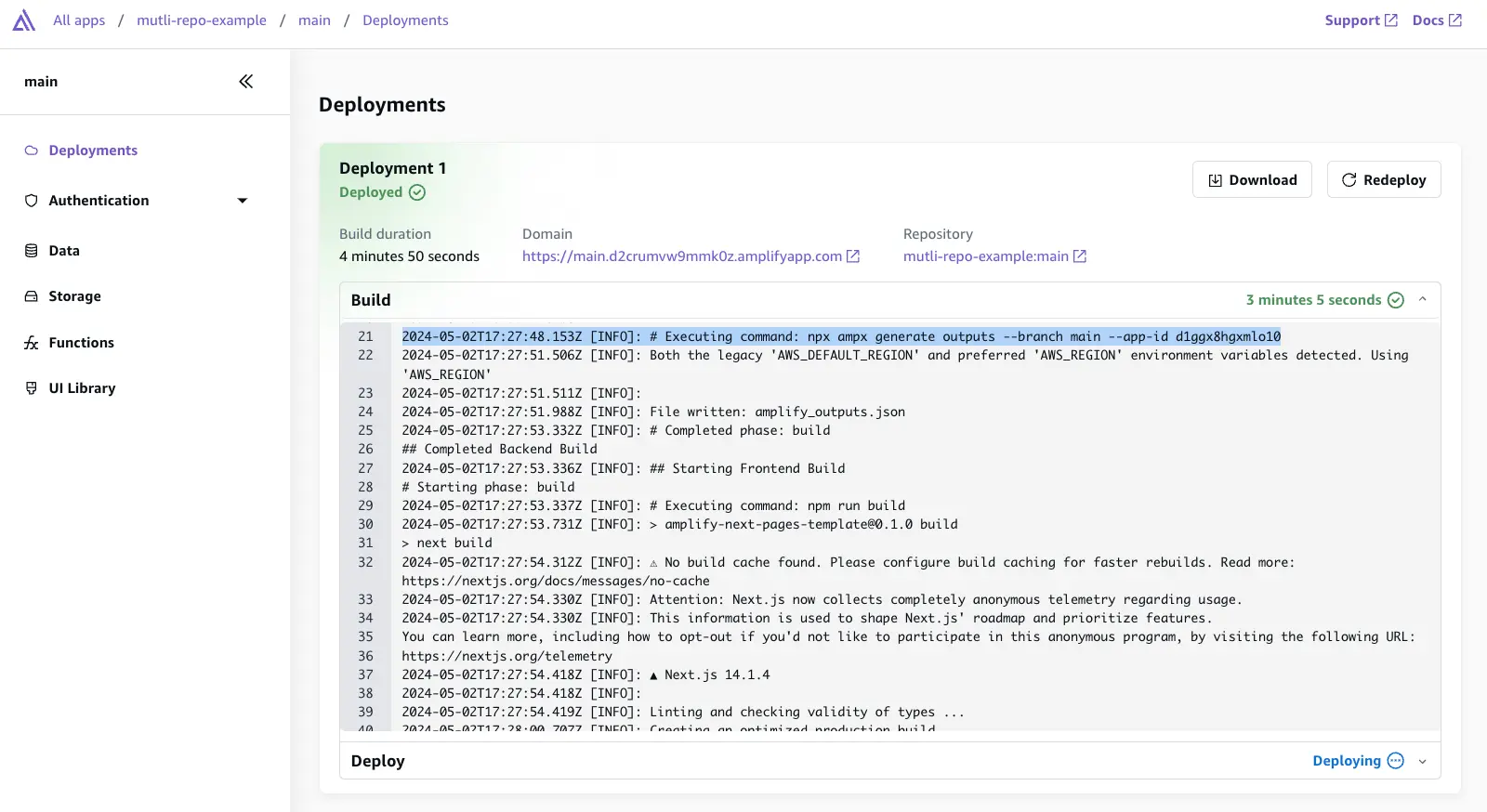 Screenshot of the Deployments page in the Amplify console showing the build of the app