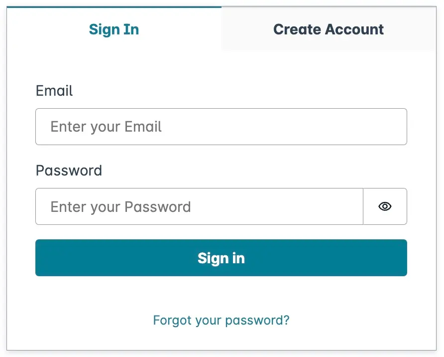 Amplify’s default sign-in form with email, password, sign-in, and account creation capabilities.