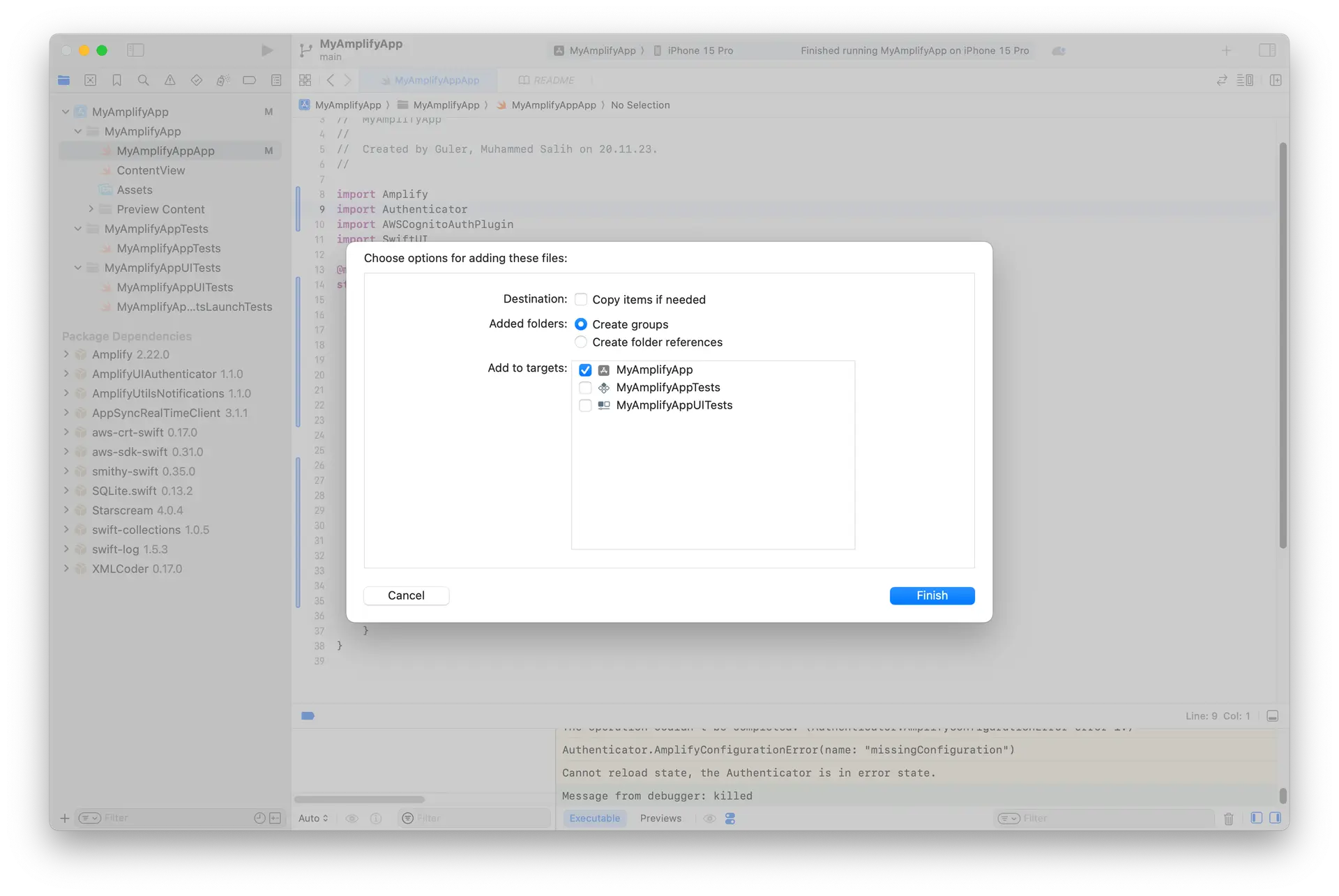 Dialog appears when users drag and drop the generated files into Xcode. It displays targets, added folders, and destination options. The default settings should be sufficient for drag and drop.