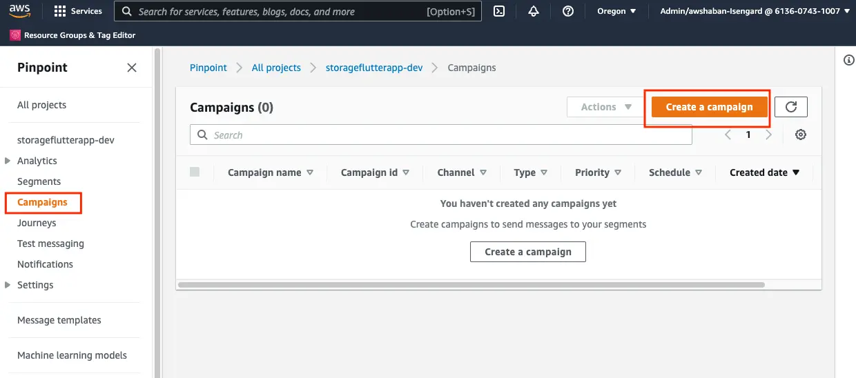 A screenshot of the pinpoint campaign page on the AWS console highlighting the 'Campaigns' option on the left navigation menu and the 'Create a campaign' button on the main page