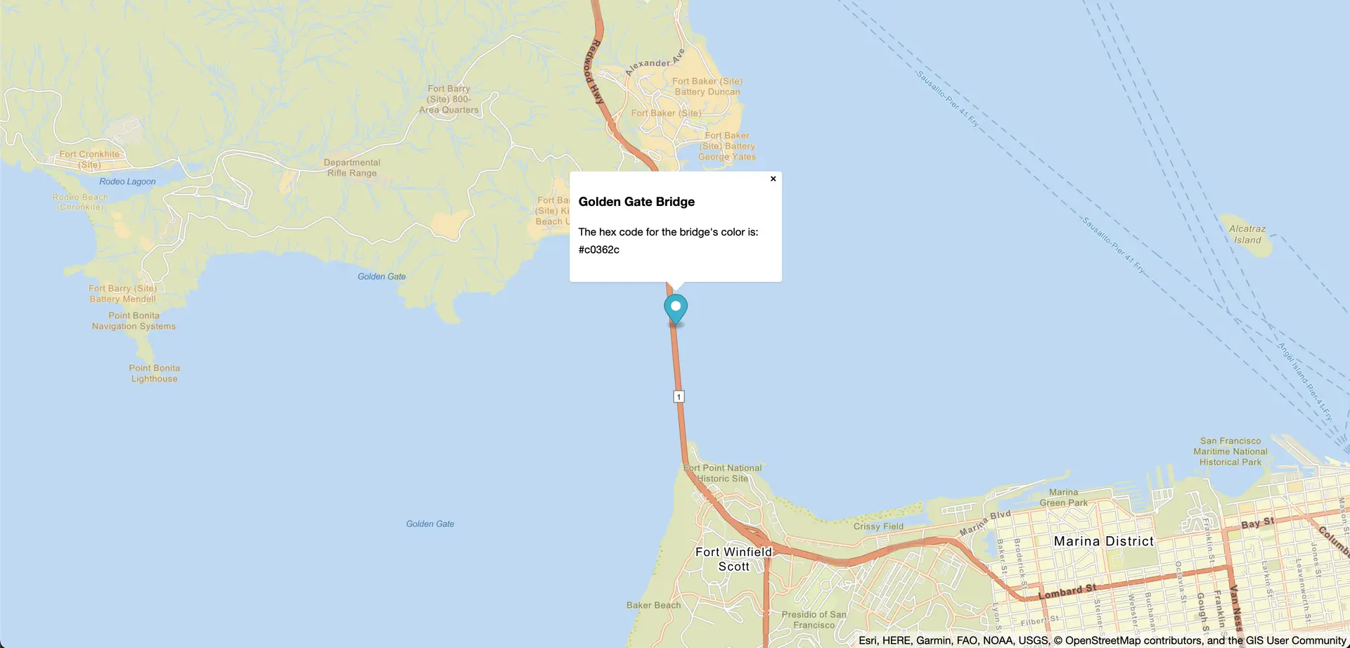 A map of area with a marker popup of the golden gate bridge