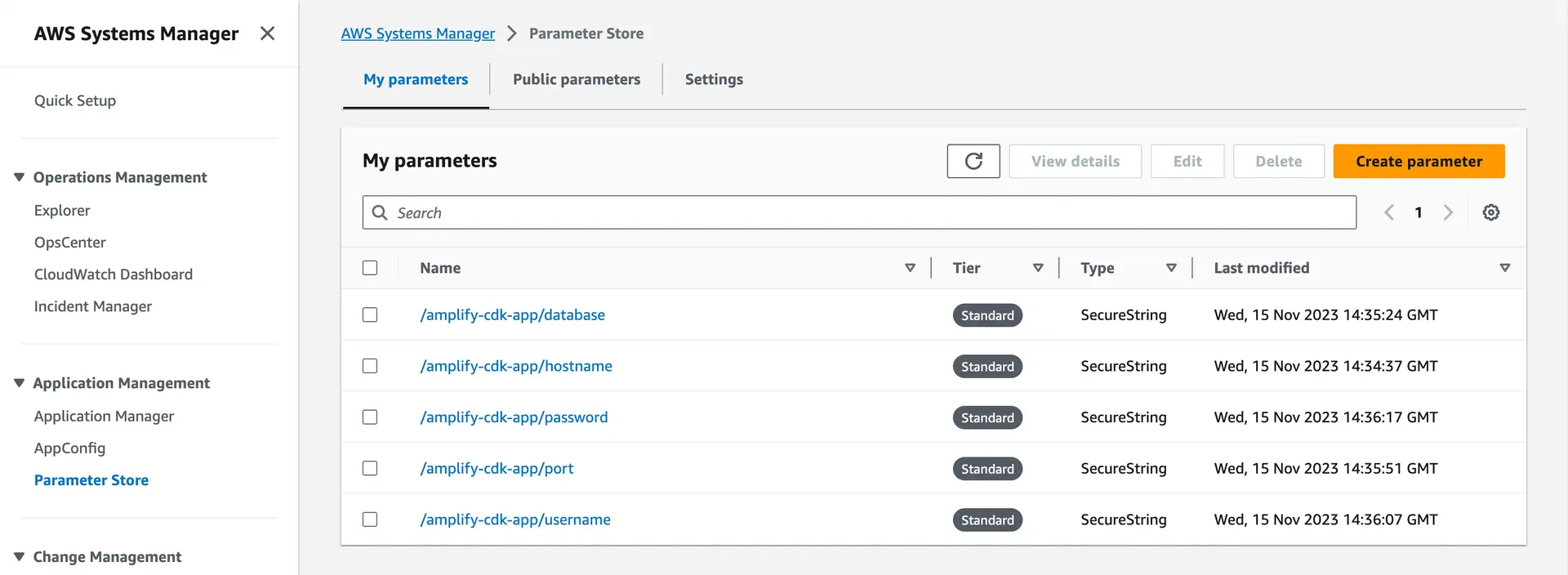 A screenshot of an AWS Systems Manager console page titled "Parameter Store". The page shows a list of parameters with names like "/amplify-cdk-app/username", "/amplify-cdk-app/password", and "/amplify-cdk-app/hostname" indicating database connection details. Each parameter is of Tier "Standard" and typed as "SecureString". The last modified date is displayed for each parameter.