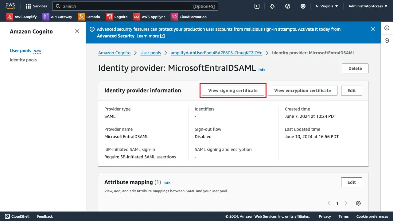 Amazon Cognito console highlighting "view signing certificate" for SAML provider
