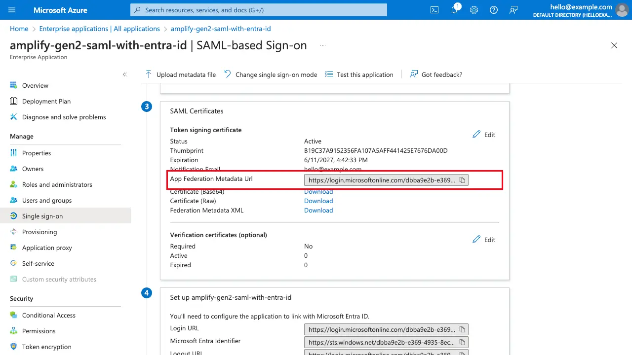 Entra ID set up single sign-on page highlighting the app federation metadata URL