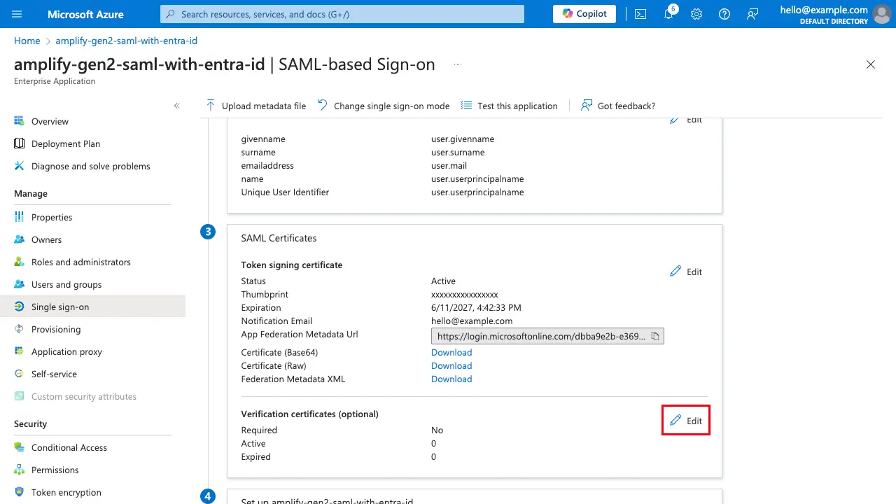 Entra ID single sign-on page highlighting "edit" for verification certificates