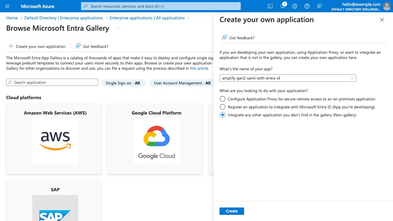 Azure portal creating a new enterprise application for Entra ID