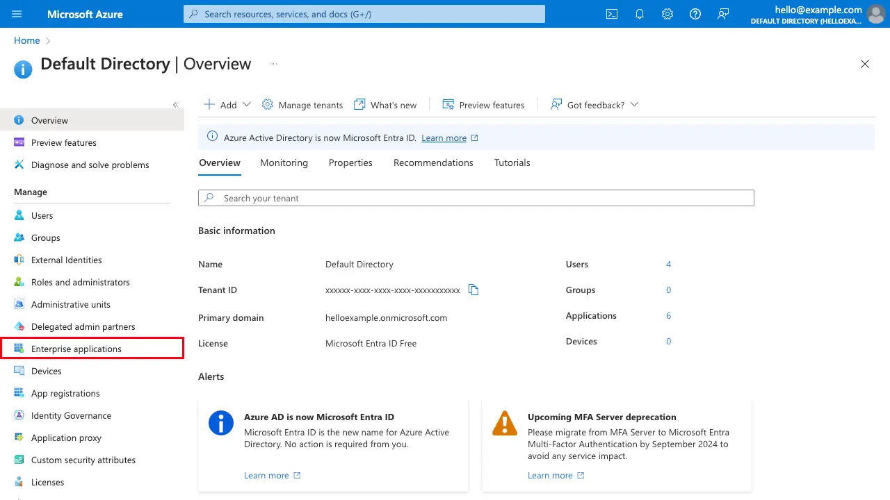 Entra ID default directory page highlighting Enterprise Applications