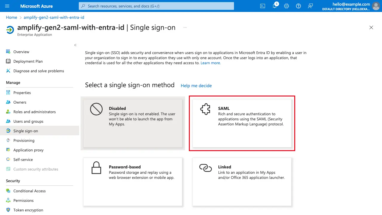 Entra ID enterprise application single sign-on setup highlighting "SAML"