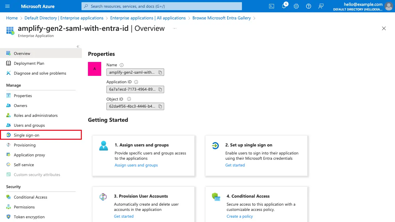 Entra ID enterprise application highlighting "single sign-on"