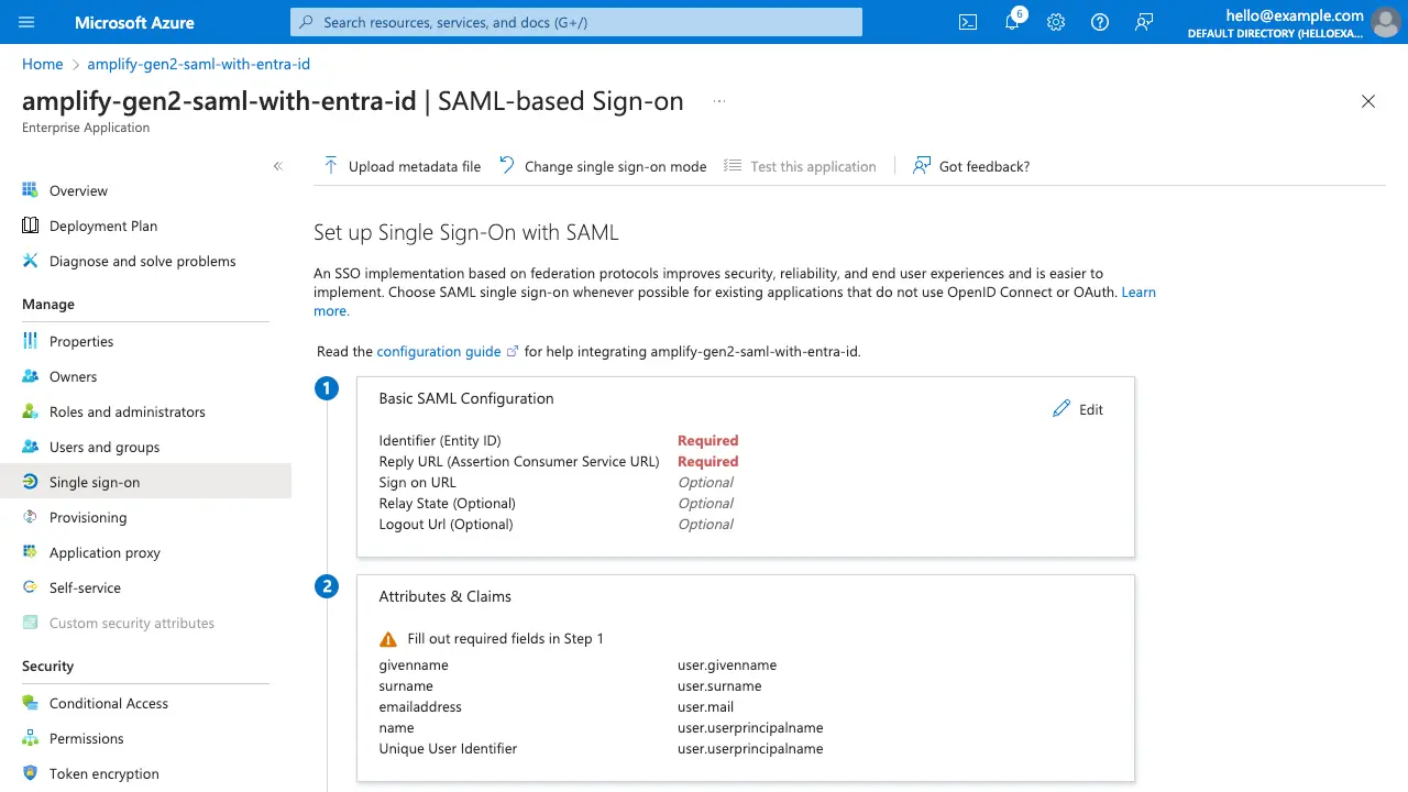 Entra ID set up single sign-on page with a form requiring an entity ID and reply URL