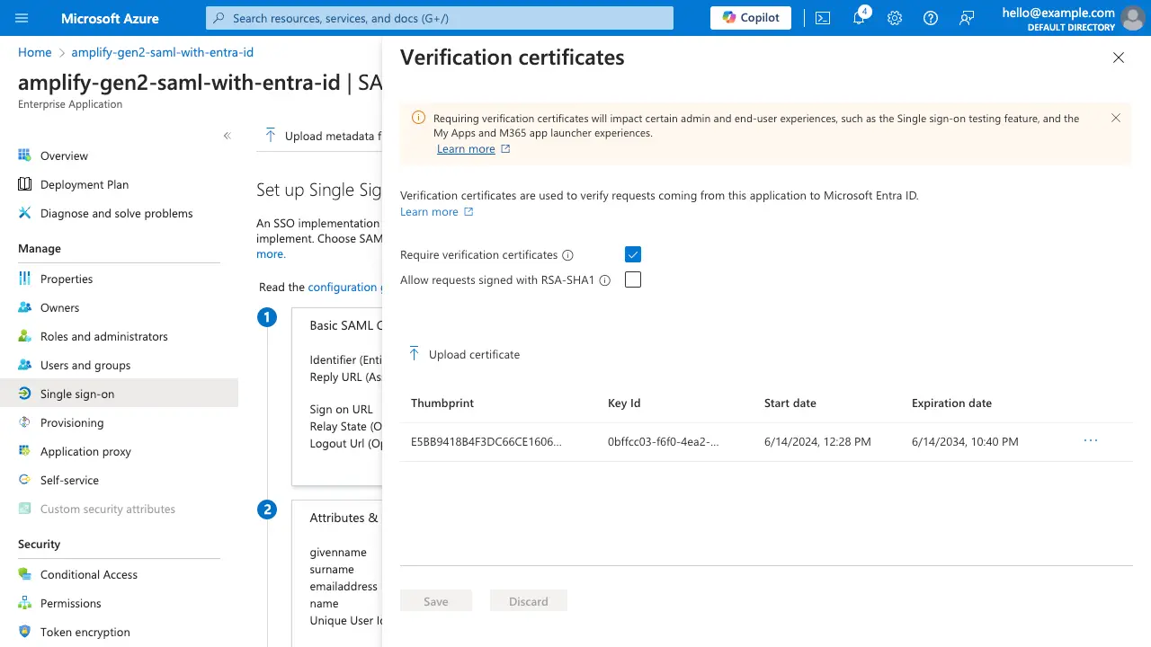 Entra ID verification certificate upload pane