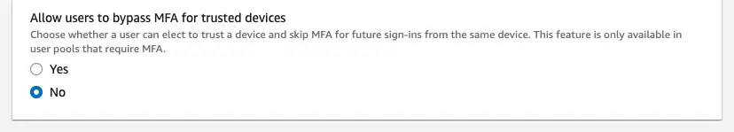Options for allow users to bypass MFA for trusted devices.