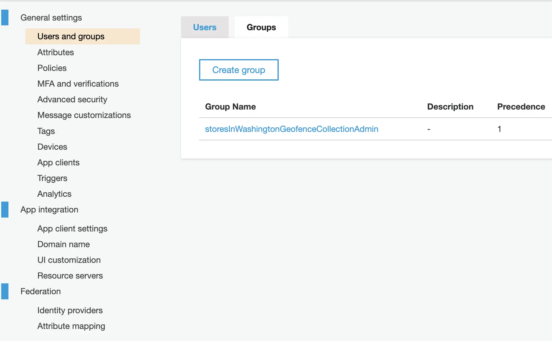 cognito user pool console groups tab