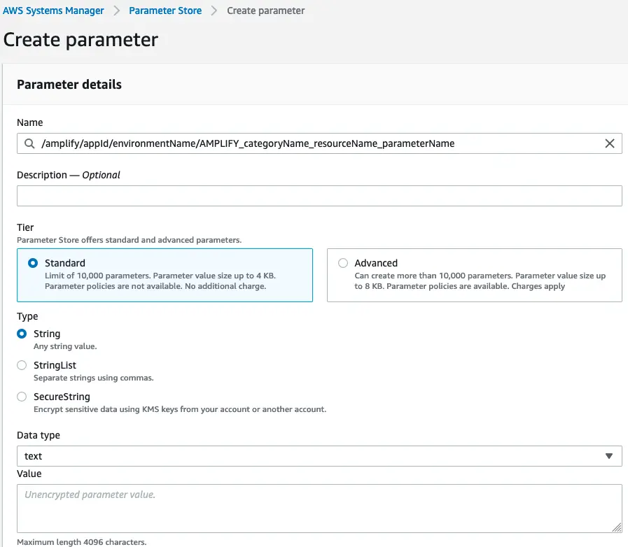 AWS SSM Parameter Store's "Create Parameter" form with Amplify's parameter naming pattern