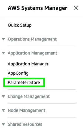 AWS Systems Manager side navigation with "Parameter Store" highlighted
