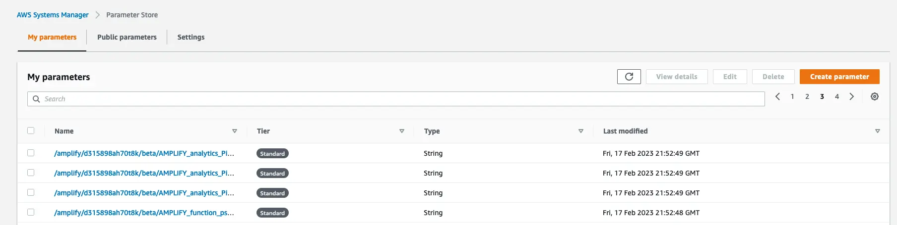 AWS SSM Parameter Store's landing page with a list of parameters