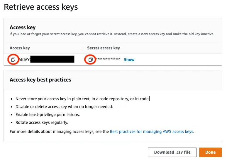 Retrieve access keys page with access key and secret access key copy buttons circled.