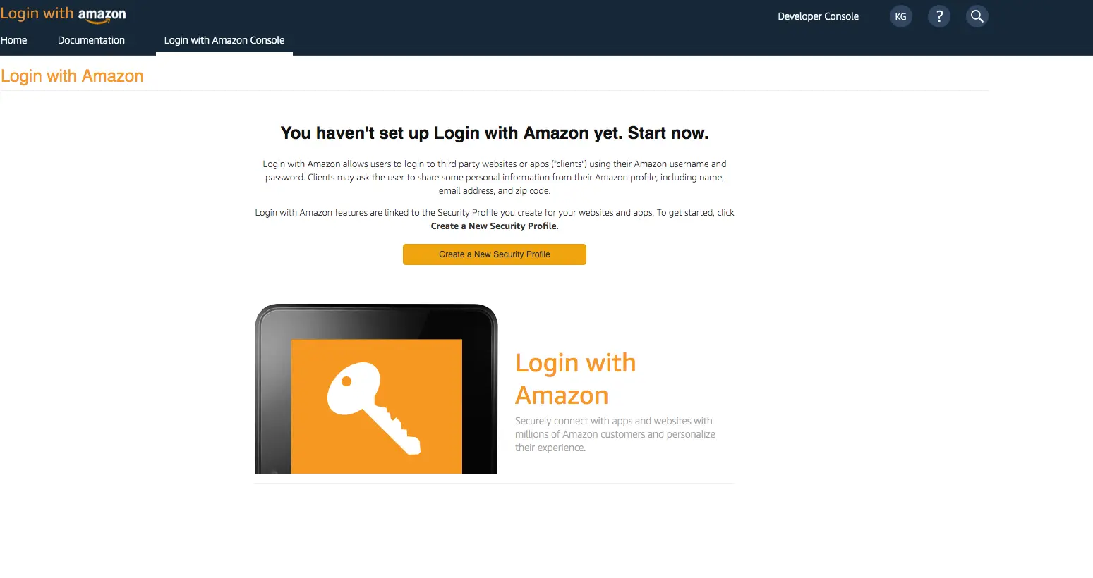 The login with Amazon console with a create a new security profile button displayed.