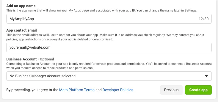 Form fields for the Facebook create app form.