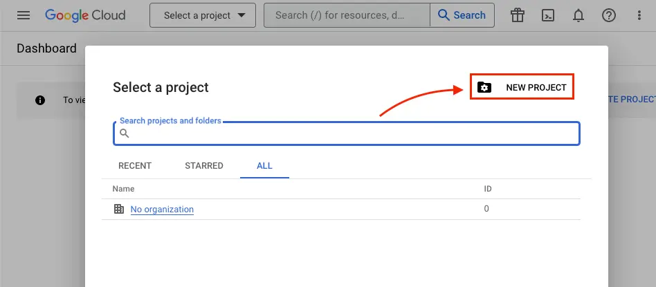 The new project button is circled on the select a project popup.