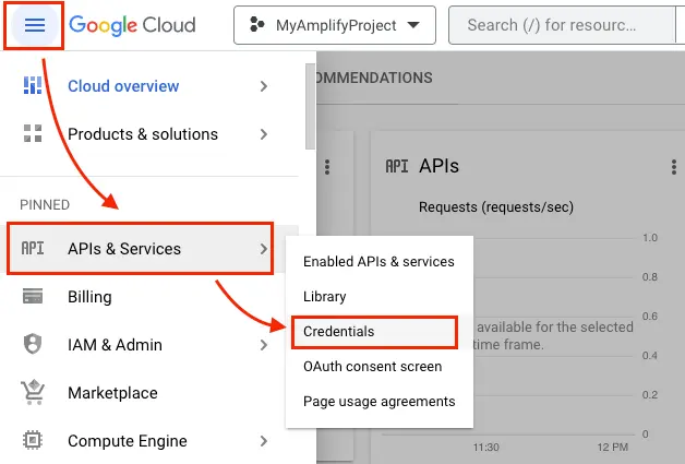 The top left menu icon is selected, then the APIs and services option, then the credentials option.