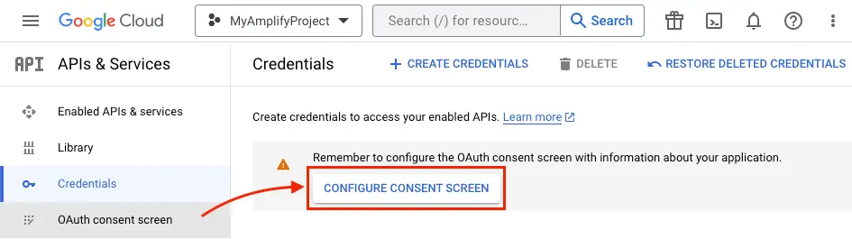 The configure consent screen button is circled in the oauth consent screen section.