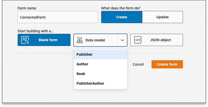 Create new form screen with the Publisher data model highlighted in the Data model section