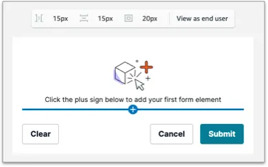 Image of the Form Creation page with the blue bar and plus sign indicating the ability to add input elements to the form