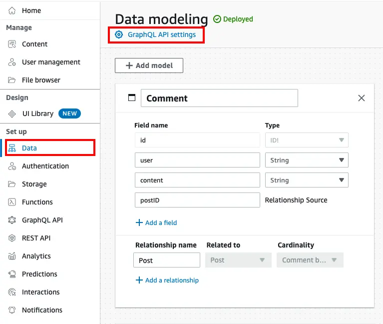 screenshot of the Data tab, highlighting the GraphQL API settings link