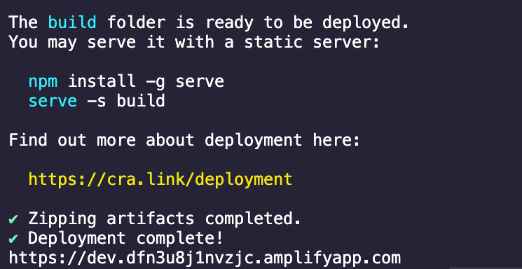 Amplify CLI publish the app and display a URL.