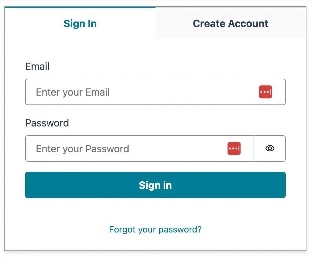 Amplify authenticator login form with email and password fields and sign in button. 
