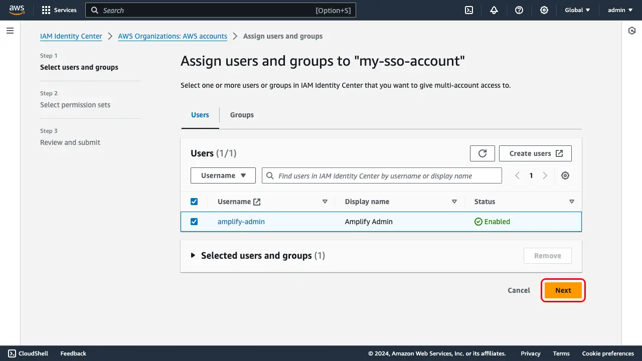 AWS IAM Identity Center "AWS accounts" page assigning "amplify-admin" to the management AWS account