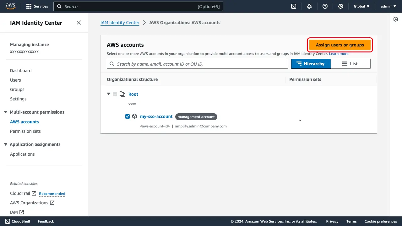 AWS IAM Identity Center "AWS accounts" page with the management account checked.