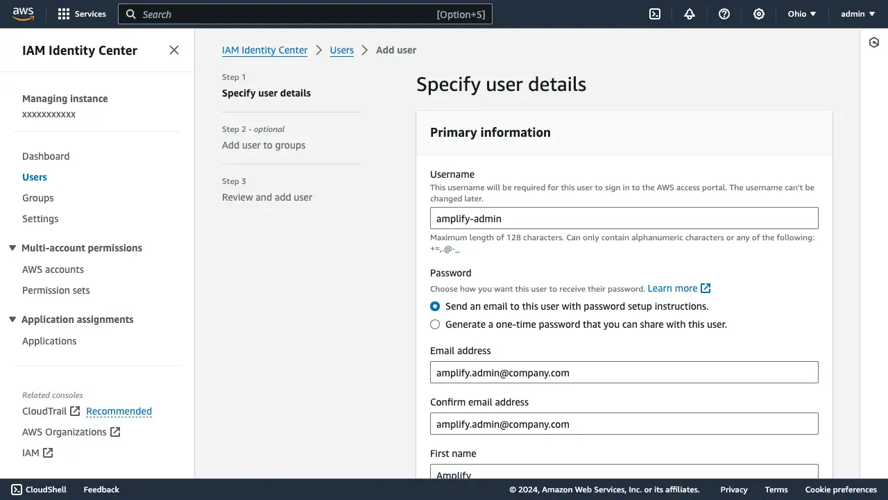 AWS IAM Identity Center user creation with the username "amplify-admin".