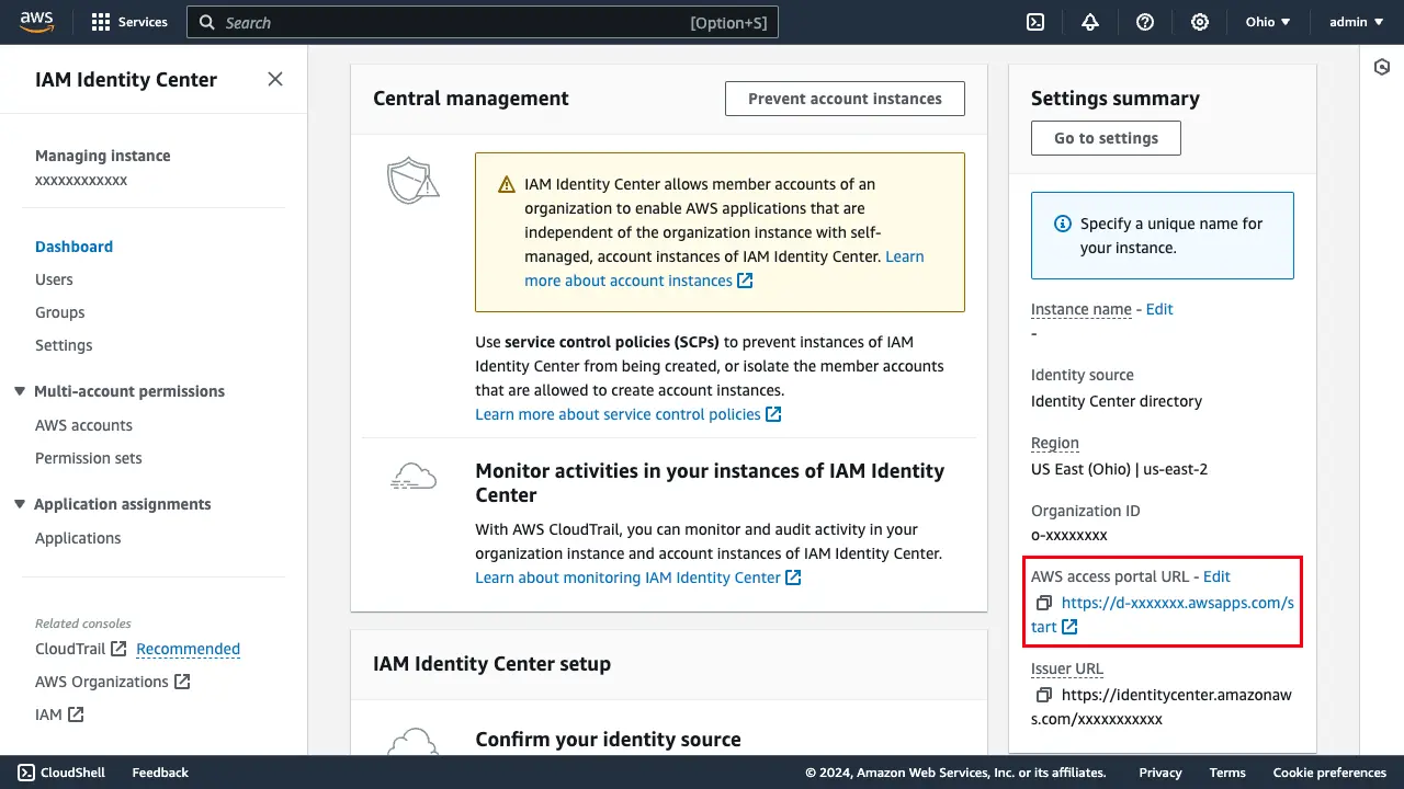 AWS IAM Identity Center dashboard highlighting the AWS access portal URL.