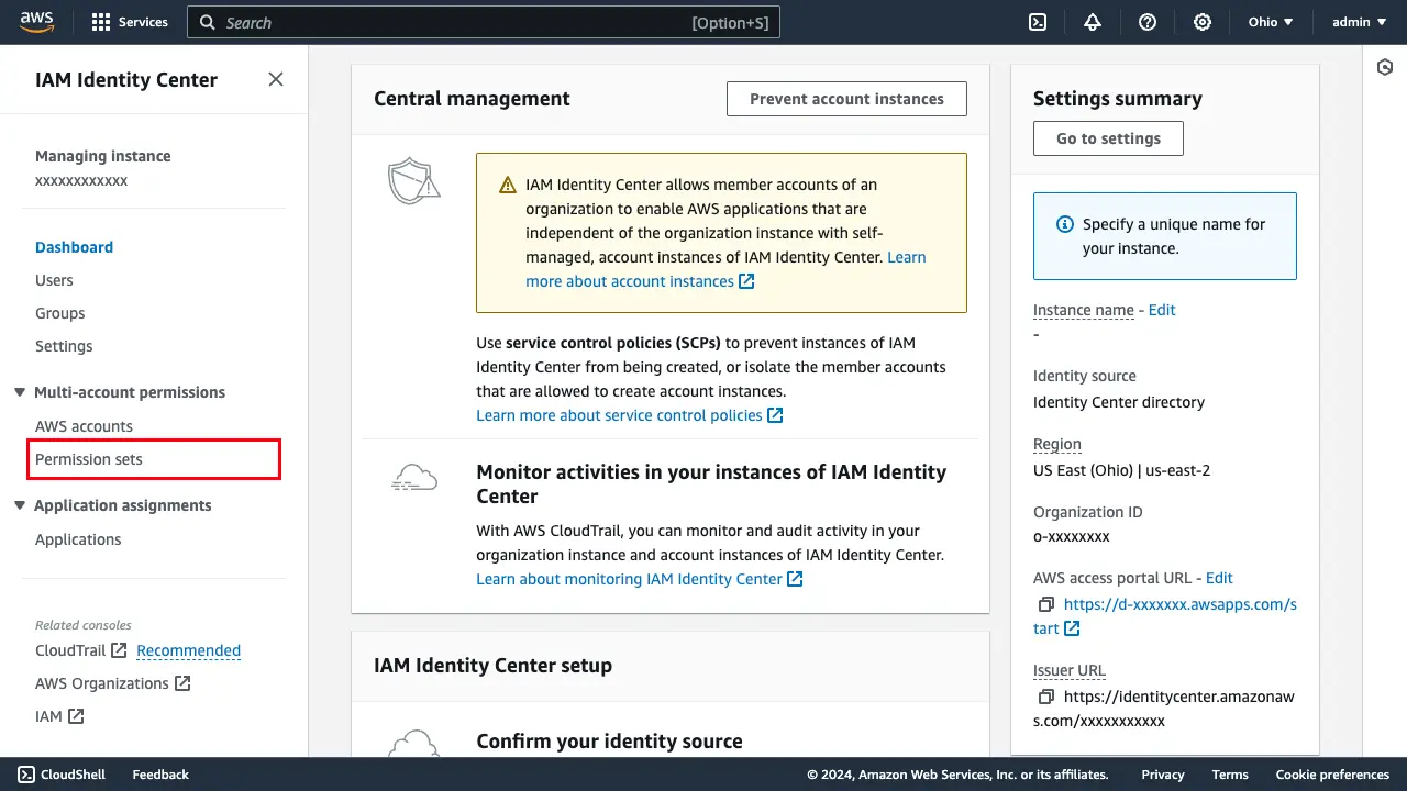 AWS IAM Identity Center dashboard indicating "permission sets" in the navigation pane.