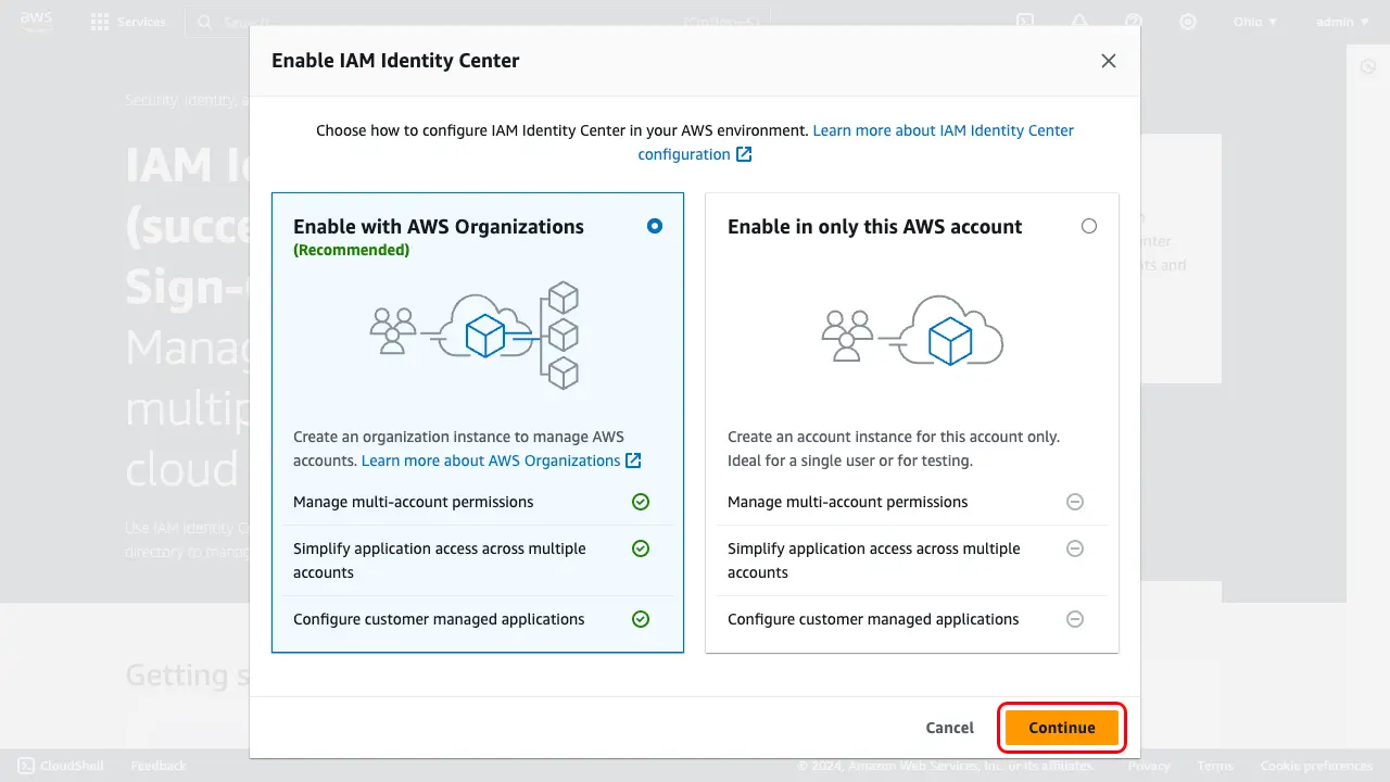AWS IAM Identity Center enable dialog with AWS Organizations, indicating to "continue".