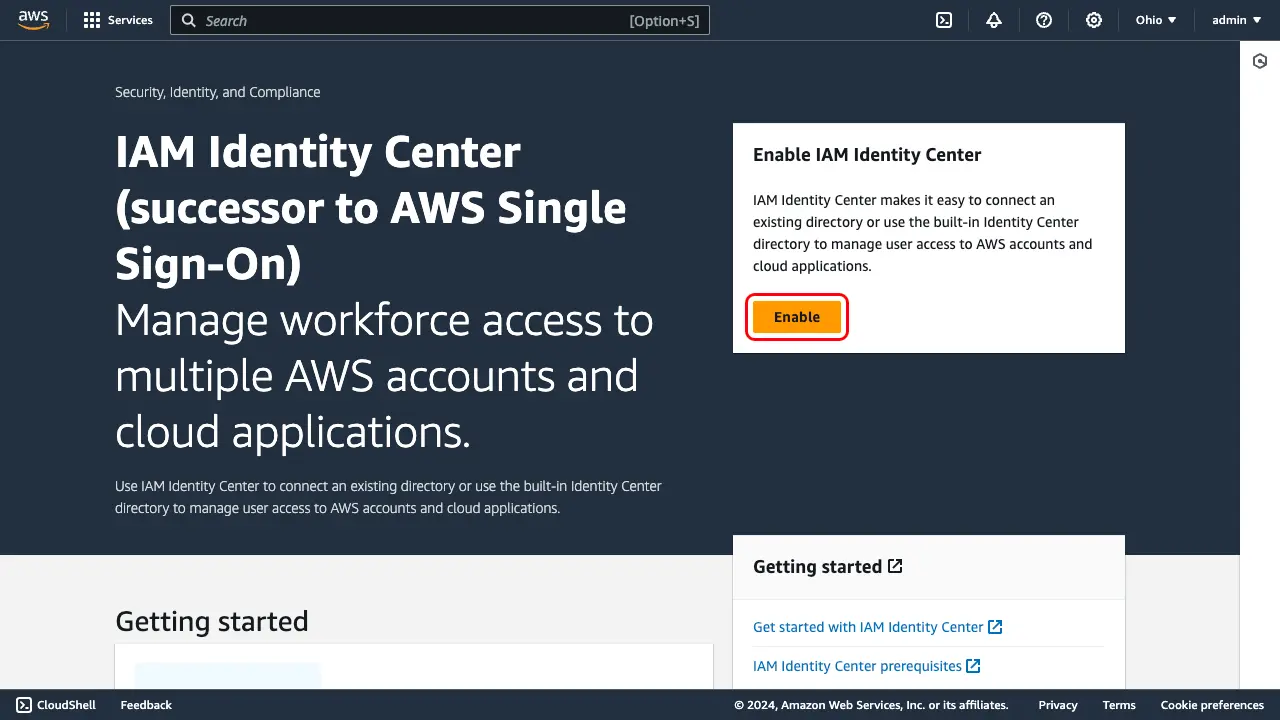 AWS IAM Identity Center page indicating the "enable" button.