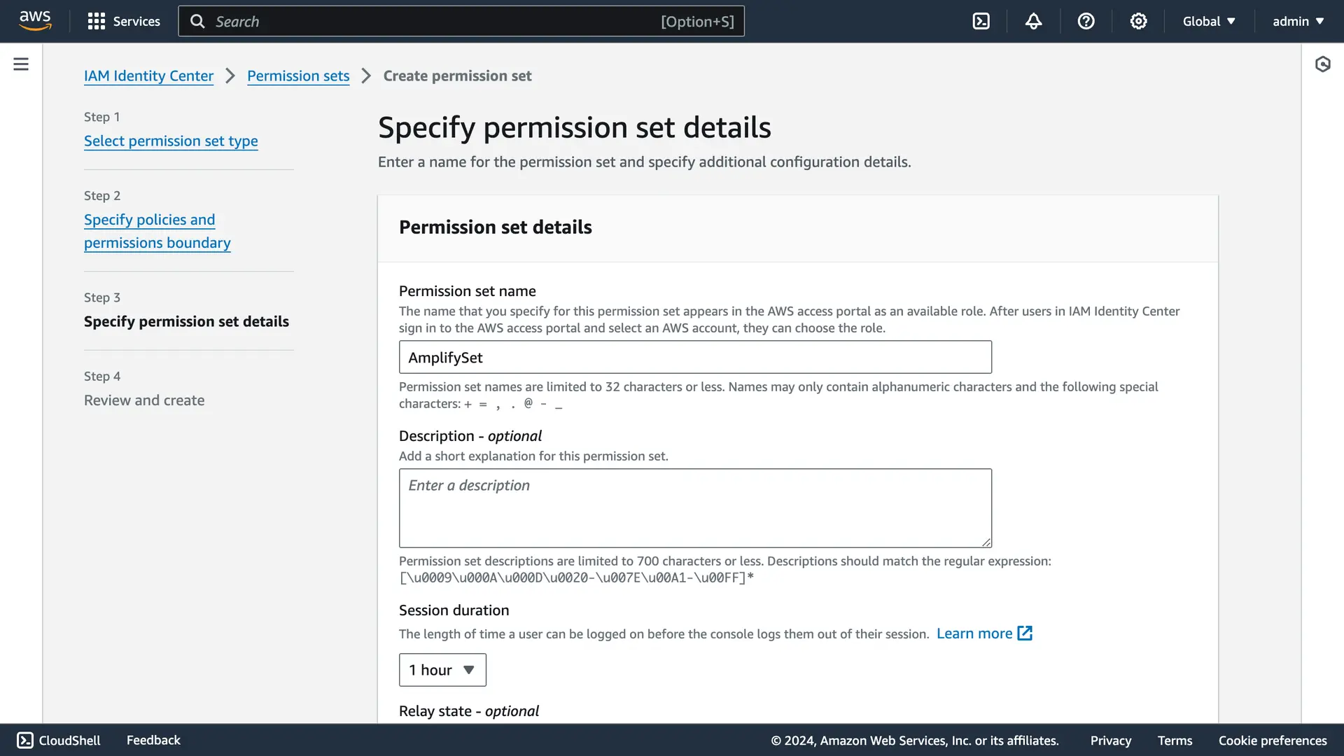 AWS IAM Identity Center custom permission set details page with the name "AmplifySet".