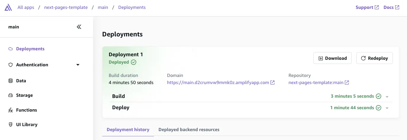 Screenshot of completed deployment in AWS Amplify (Gen 2) console