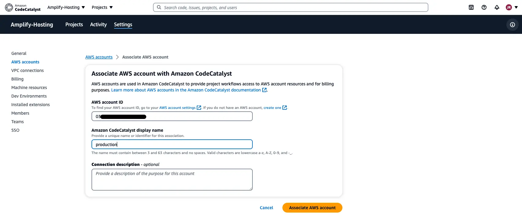 Screenshot of CodeCatalyst console showing details of the Associate AWS account section