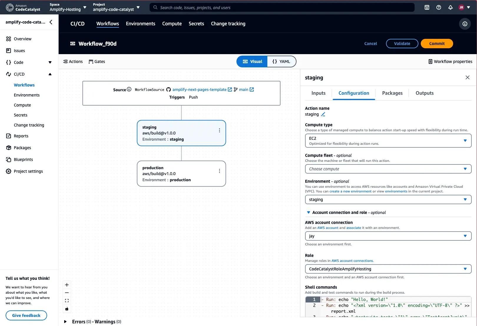 Screenshot of CodeCatalyst console showing the Workflows section, focusing on the Configuration section
