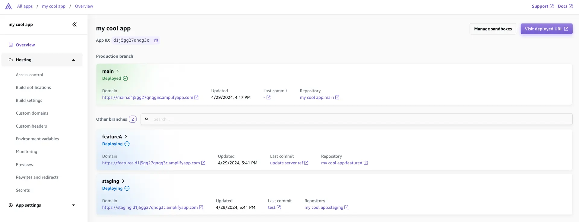 Production, feature/A, and staging branches listed on app overview page in Amplify console.