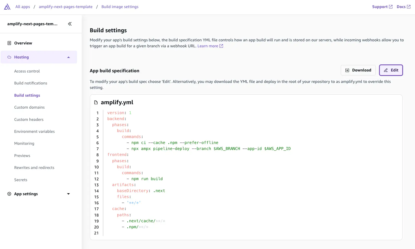 The build specification YAML file on the Build settings page in Amplify console.