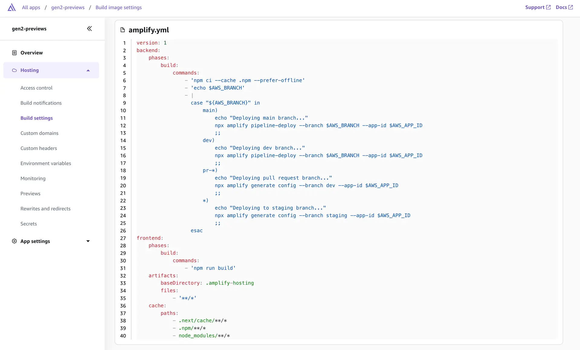 The build specification YAML file on the Build settings page in Amplify console.